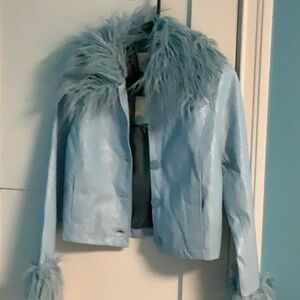 31.BNWT URBAN OUTFITTERS Mia Jacket Faux Fur Jacket Icy Blue Pleather Y2K